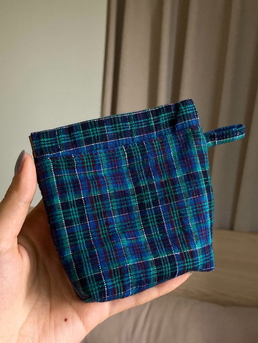 Handwoven Blue Green Plaid Cosmetic Zipper Pouch